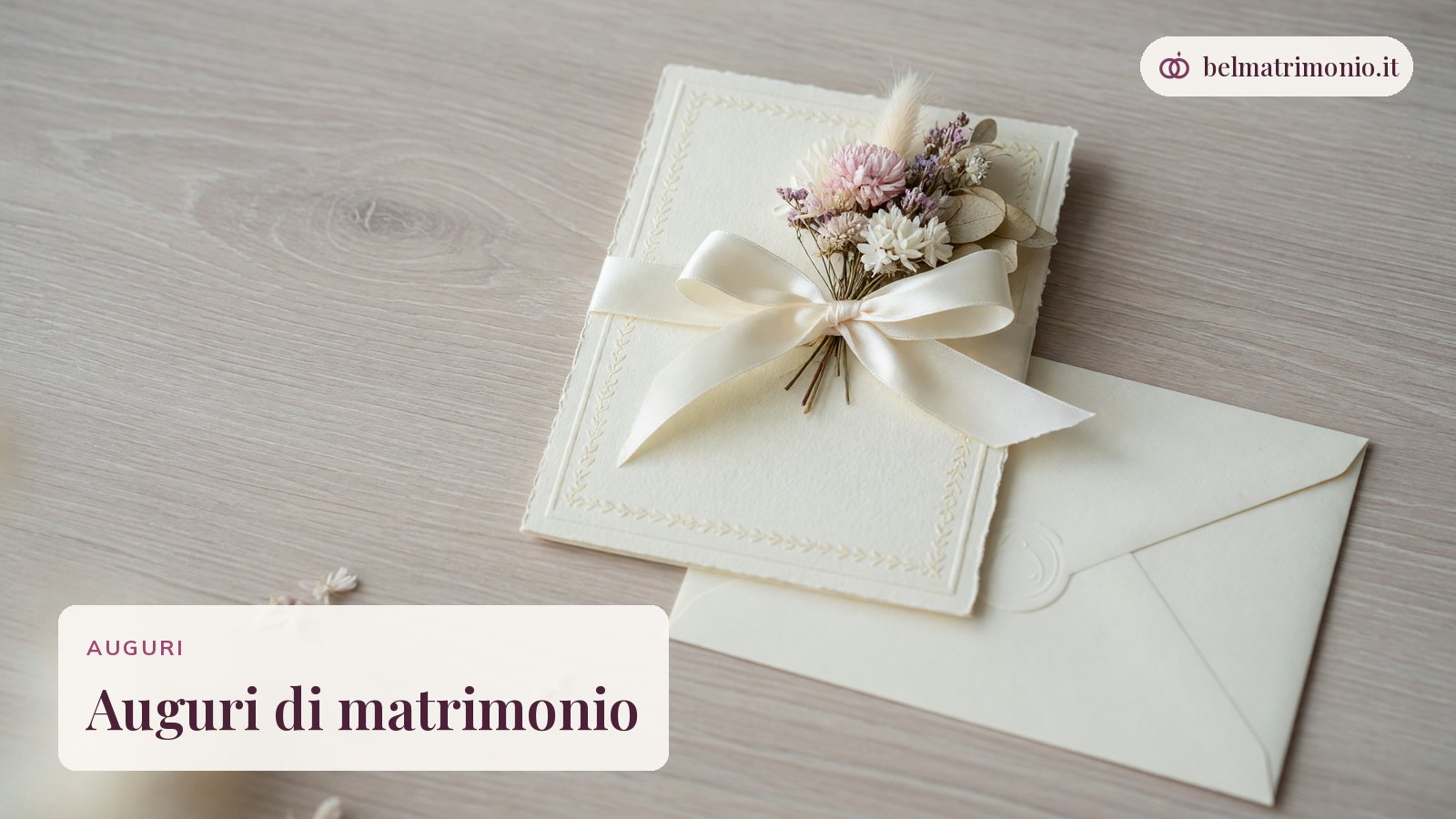 Biglietto di auguri con busta, nastro e fiori secchi, immagine degli auguri di matrimonio