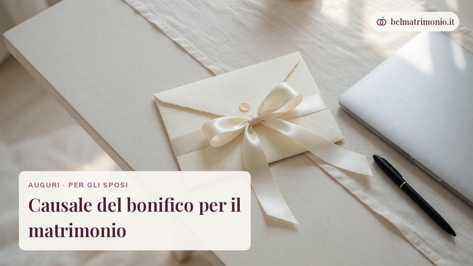 Busta regalo con nastro accanto a un computer chiuso, immagine della causale del bonifico per il matrimonio