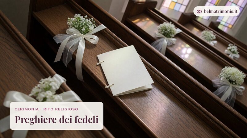 Panche di chiesa decorate con fiori e un libretto, immagine delle preghiere dei fedeli