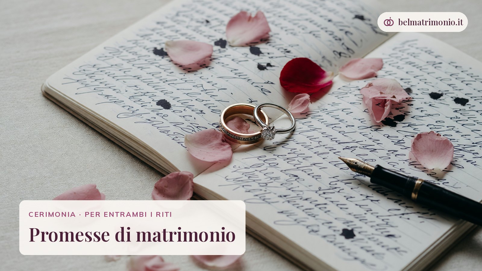 Due fedi su un quaderno scritto a mano con una penna, immagine delle promesse di matrimonio