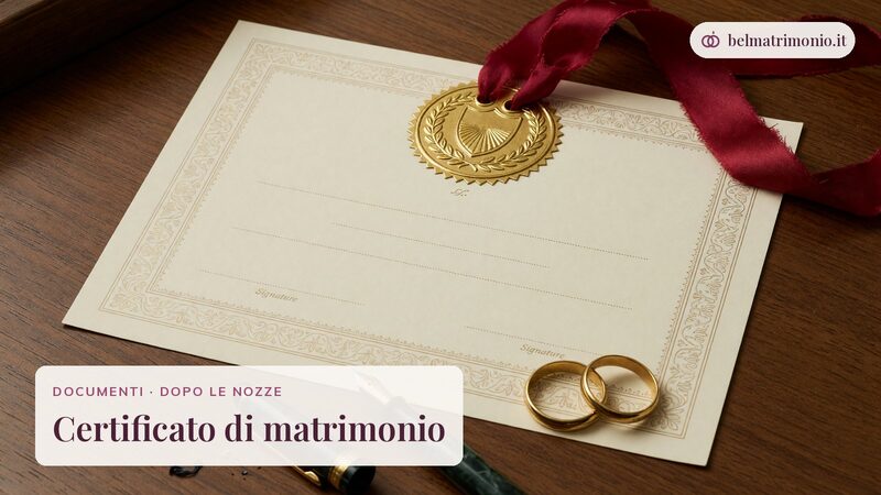 Certificato ufficiale con sigillo in rilievo accanto a due fedi, immagine del certificato di matrimonio