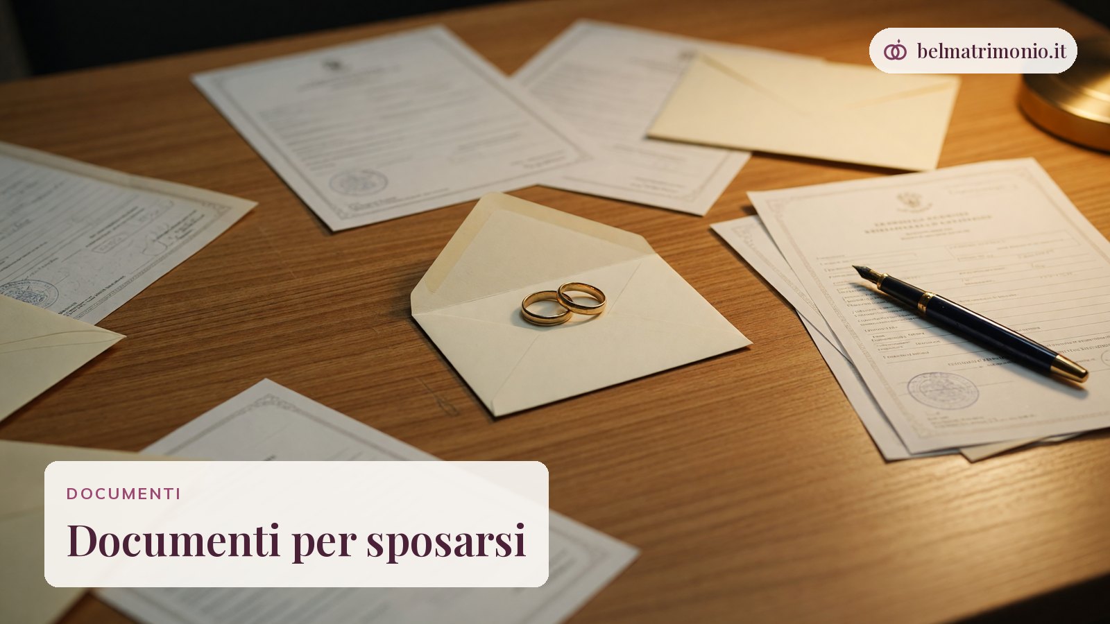 Moduli, penna, busta e fedi su una scrivania, immagine dei documenti per sposarsi