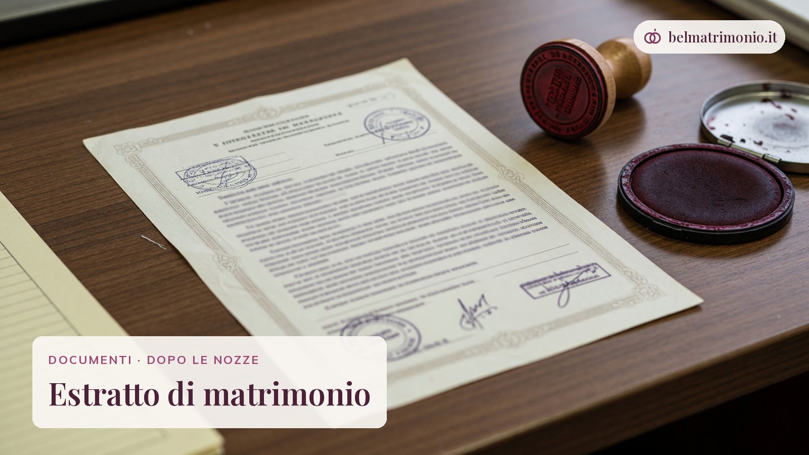 Documento ufficiale con timbro e tampone d'inchiostro, immagine dell'estratto di matrimonio
